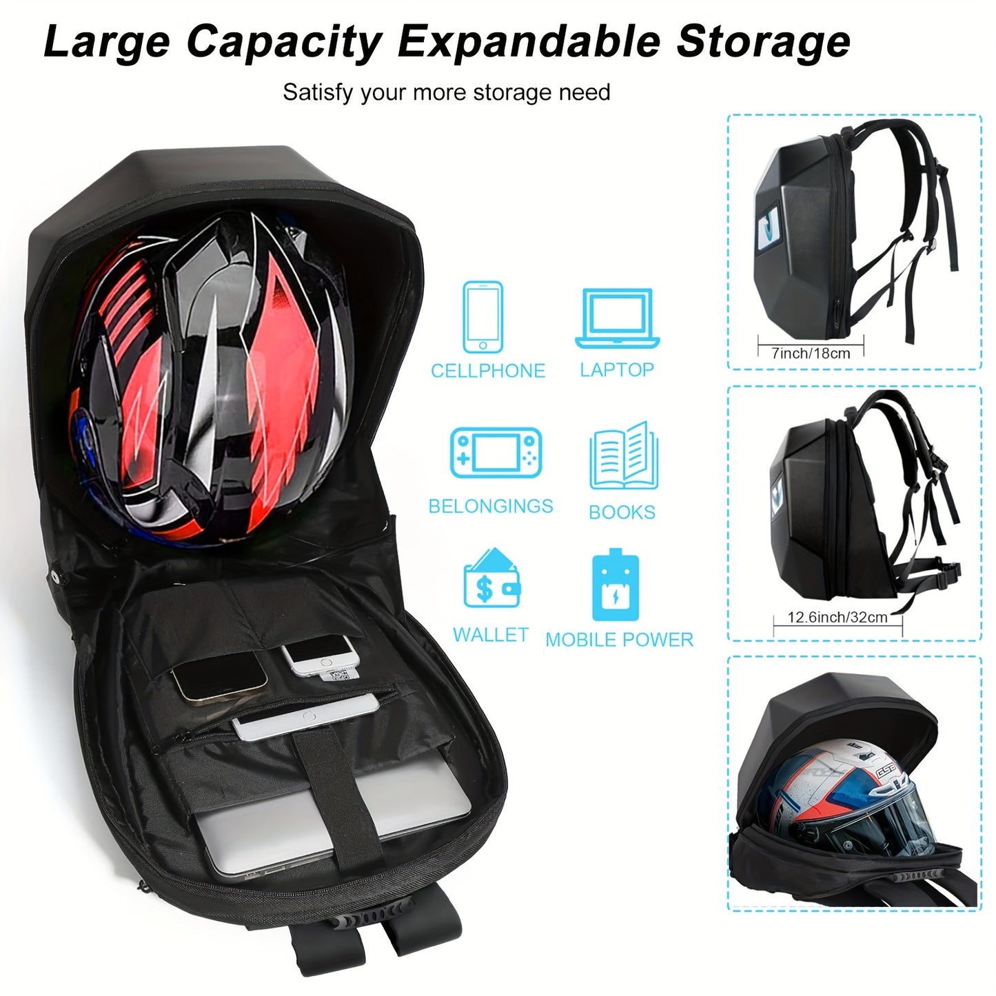 Crelander LED Men'S Motorcycle Backpack - Sleek Black & Red Hard Shell Travel Bag with USB Charging, 48.01cm x 35.56cm Capacity, Ergonomic Design for Camping, Cycling & Outdoor Adventures, Motorcycle Bag, Adventure Gear, Stre