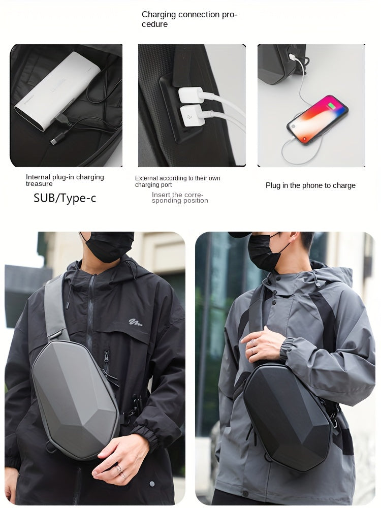 JUMAHE Men's USB Charging Crossbody Bag with Dual Power Ports, Hexagonal Geometric Design Street Style Shoulder Bag - Premium Durable Fabric, Adjustable Strap & Zipper Closure for Daily Commute (Black/Grey), Bags for Travel,