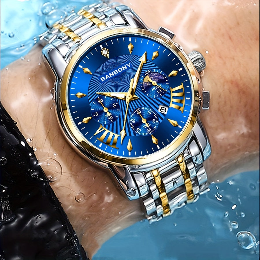 BANBONY Automatic Quartz Watch for Men & Women - Stainless Steel Strap, Blue & Golden HD Large Dial, IPX7 Waterproof, Rhinestone Accents, Date Calendar, Luminous Hands - Casual Fashion Unisex Watch for Birthday Holiday Gifts,