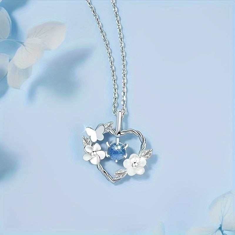 Elegant Heart Pendant Necklace with Synthetic Blue Gem and Floral Design for Women, Glass Main Material, Non-Plated, Ideal for Daily Wear and Valentine's Day Gift - All Season Compatible