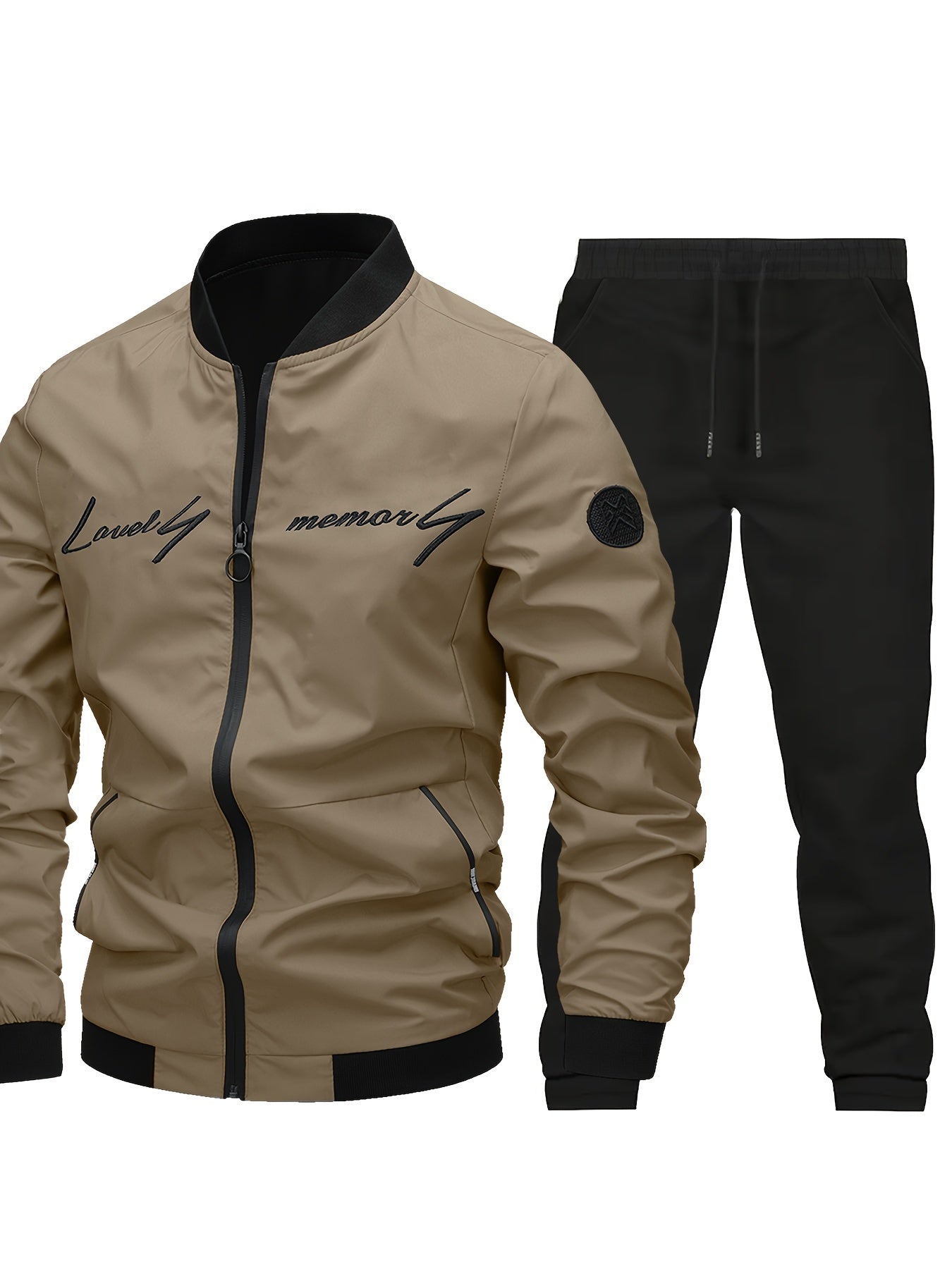 2pcs Men's Classic Bomber Jacket & Jogging Pants Set - Sleek Black with Letter Embroidery, Elastic Cuffs & Waistband, Durable Polyester, Perfect for Outdoor Activities & Casual Wear, Jogging Suits
