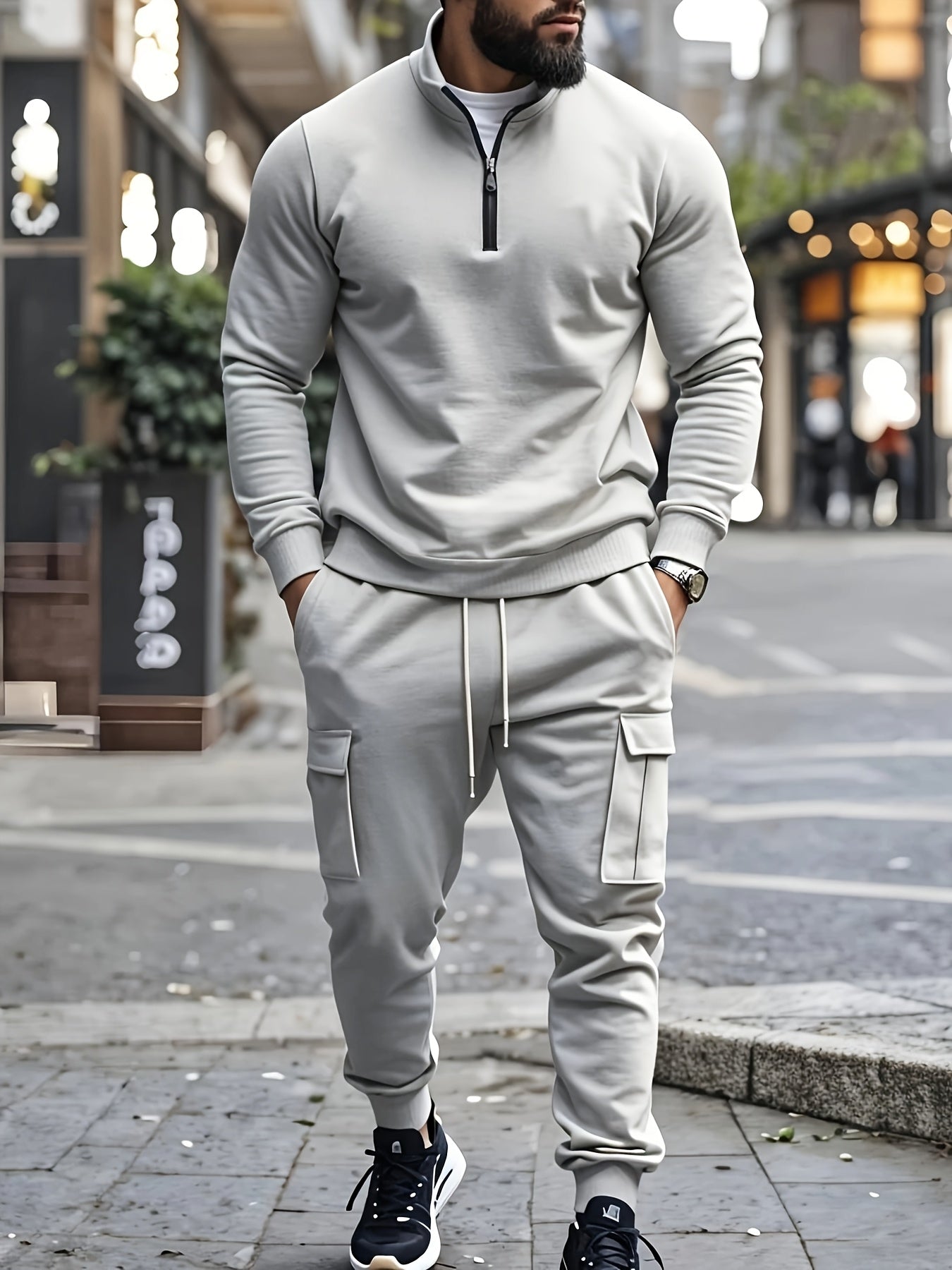 Versatile Ensemble, Men's Casual 2pcs Set: Heavyweight Zip-Up High Neck Sweatshirt & Pocketed Work Pants - Solid Color, Plush Fabric for Fall/Winter