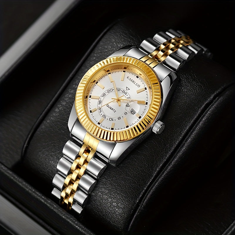 KASRLUO Elegant Women's Golden-Tone Stainless Steel Quartz Watch with Date Display, Analog Roman Numerals, and Adjustable Crown - Stylish Round Alloy Case & Band for Sophisticated Timekeeping, Fashion Accessory | Sophisticate