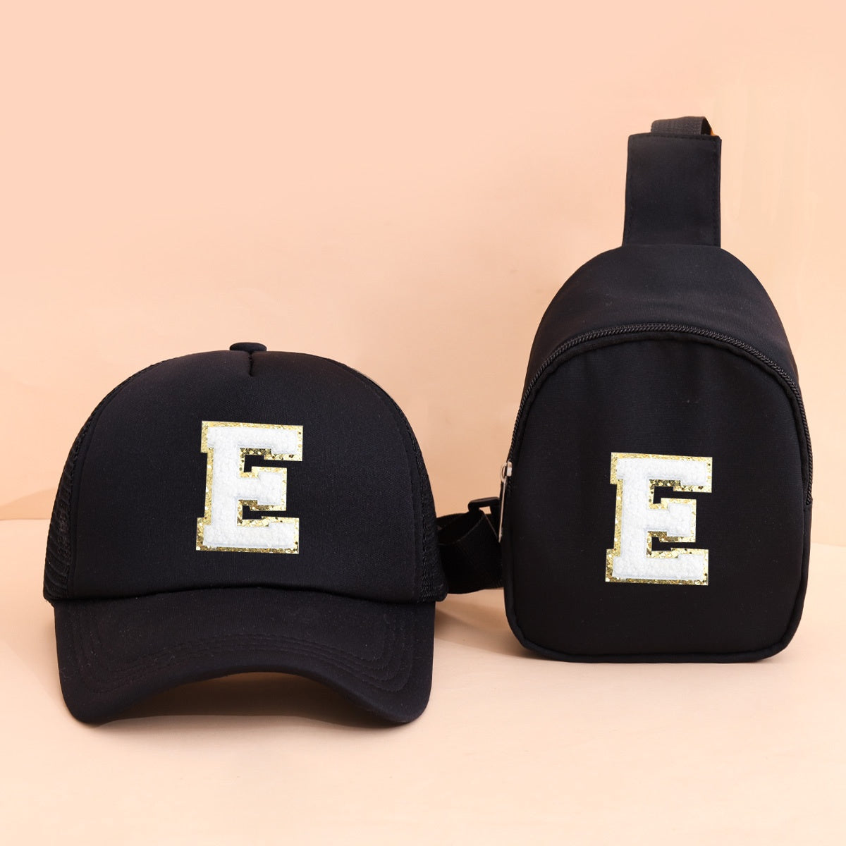 2pcs Kids' Printed Alphabet Pattern Set, Includes 1 Black Stylish Breathable Trucker Hat and 1 Black Crossbody Bag, Lightweight Sun Hat with Small Coin Purse, Suitable for Boys and Girls Aged 5-10 for Daily Outings and Back-t