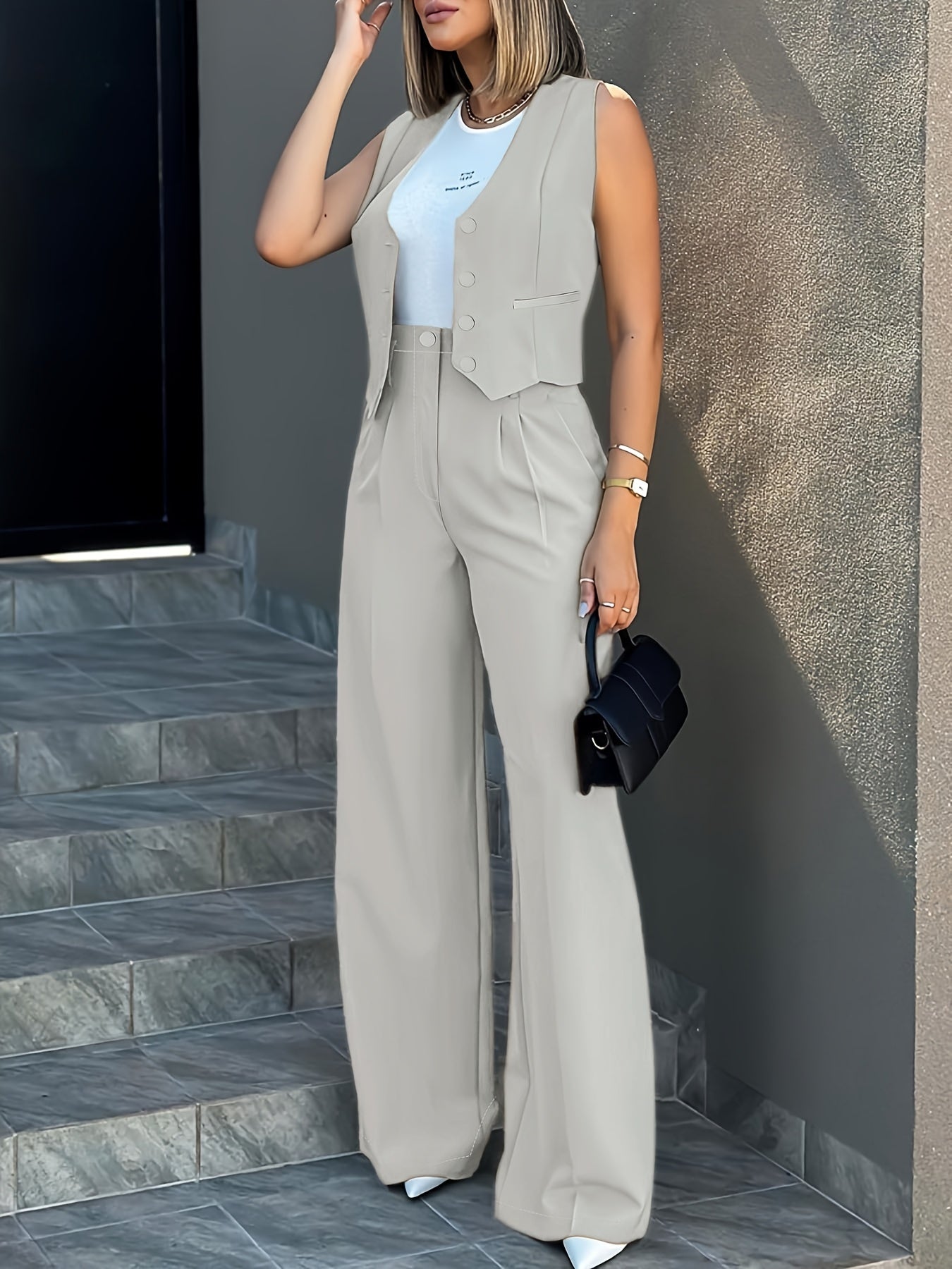 Solid Color Stylish Pantsuits, Button Front Fake Pocket Sleeveless Vest & High Waist Pleated Pants Outfits, Women'S Clothing