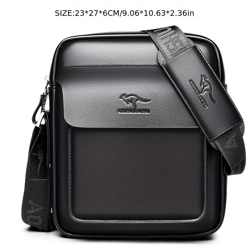 DOSHENG Men's Stylish Black Synthetic Leather Crossbody Bag - Adjustable Strap, Multi-Compartment Business Casual Satchel with Embossed Dinosaur Logo for Office Use, Versatile Crossbody Bag | Stylish Men's Accessory | Metalli