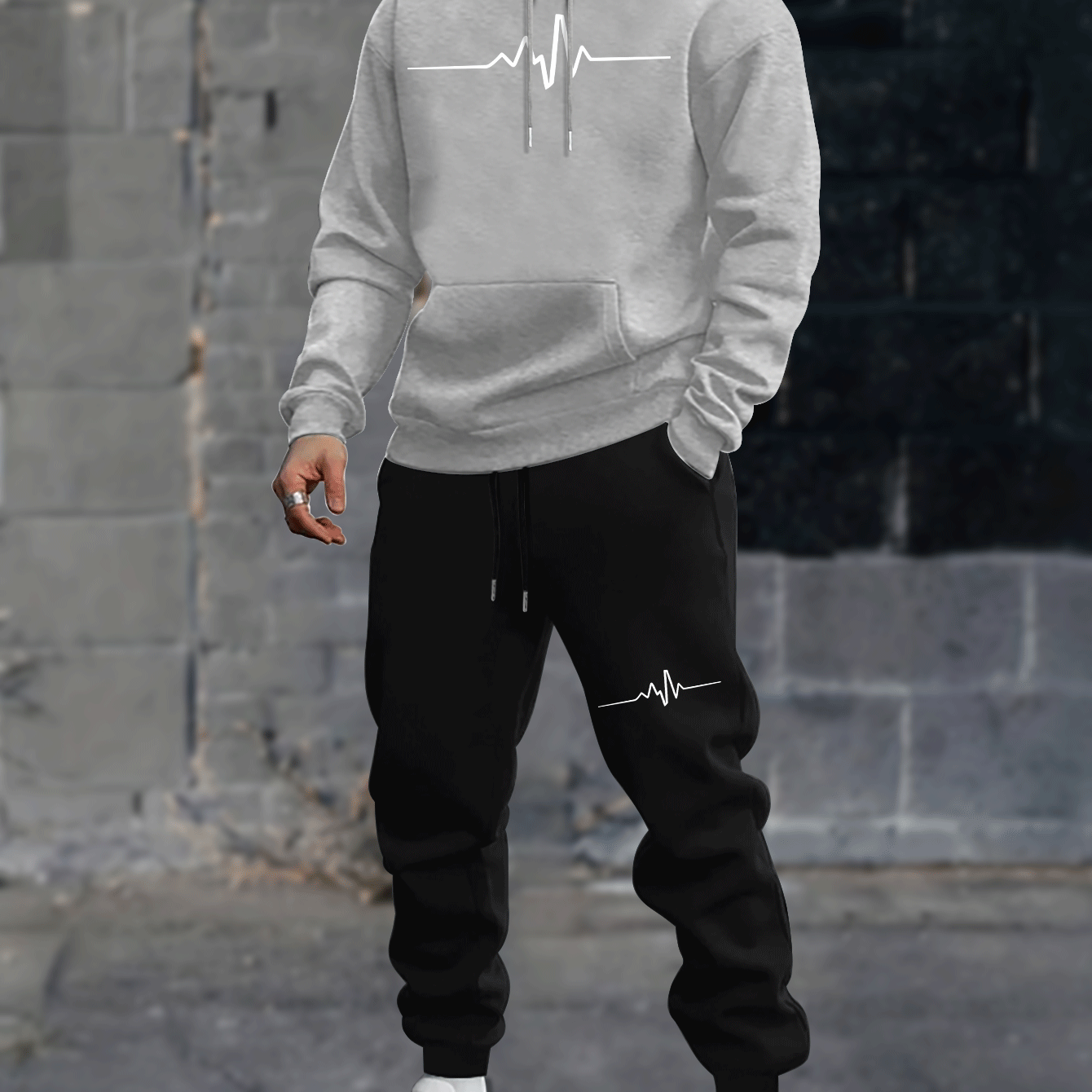 1set Men'S Casual Geometric Heartbeat Pattern Hoodie and Sweatpants Set, Polyester and Spandex Blend, Loose Fit, Hooded Pullover for Autumn/Winter