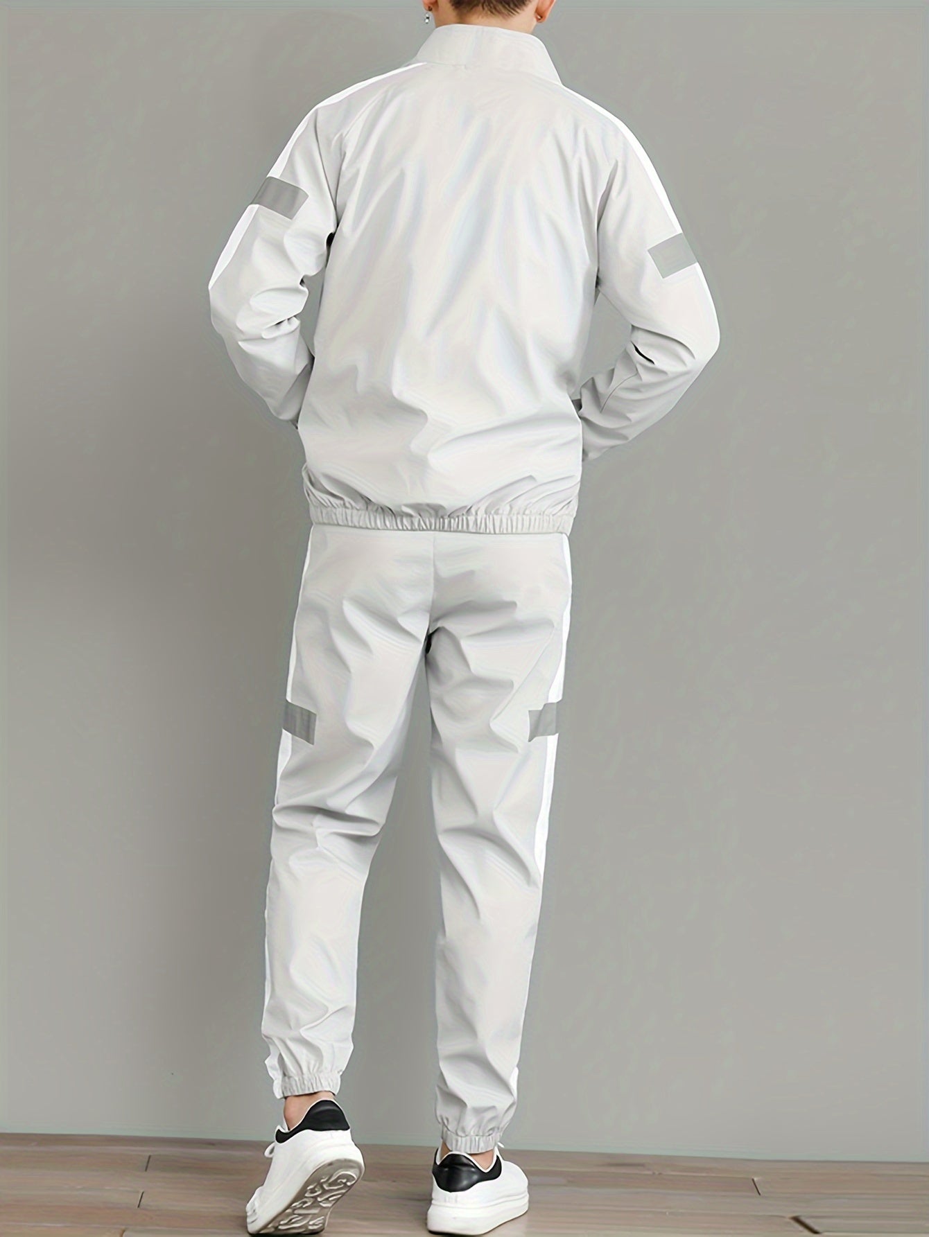 Men's Casual Sportswear Set - Black and White Striped Zip-Up Jacket with Reflective Accents & Matching Joggers, Polyester, Machine Washable, Ideal for Spring & Fall, Jogging Pants