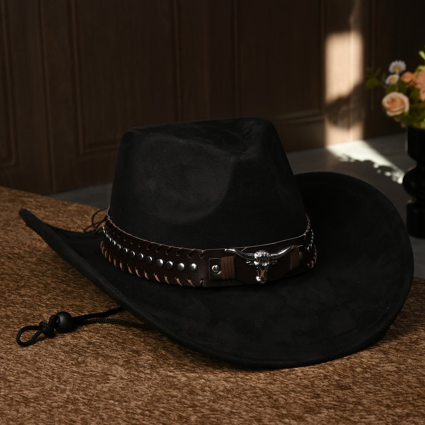 Western Cowboy Hats for Men And Women, Classic Faux Suede with Metal Studs And Bull Pattern, Lightweight Unisex Festival Occasion Hat, Woven Inelastic Polyester with Decorative Accessories, No Feather, Non-Washable