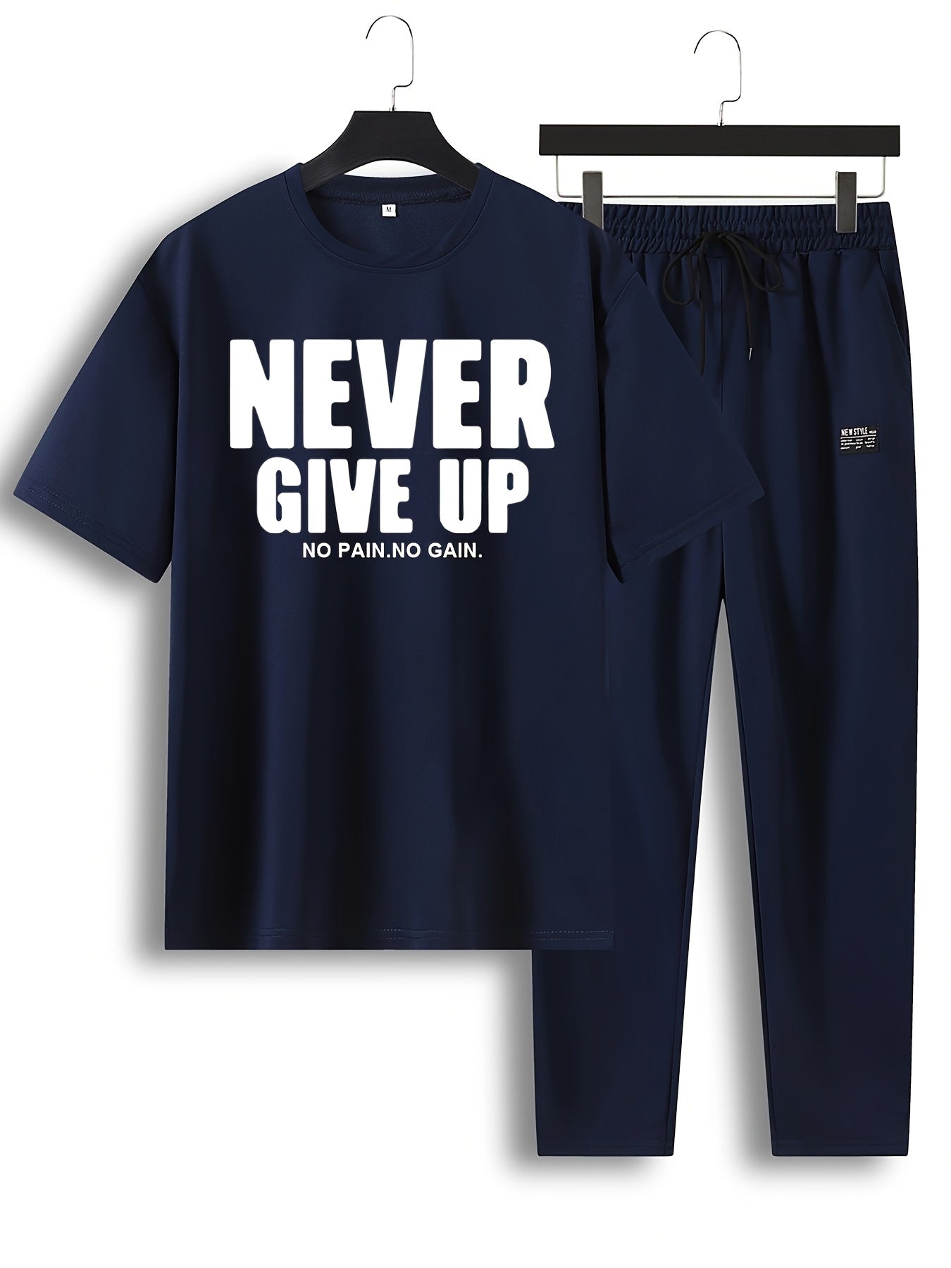 Men'S 2pcs Summer Never Give Up Casual T-Shirt & Jogger Set - Navy Blue with Inspirational Quote, Drawstring Waist, and Pockets - Perfect for Casual Outings and Sports, Jogging Pants