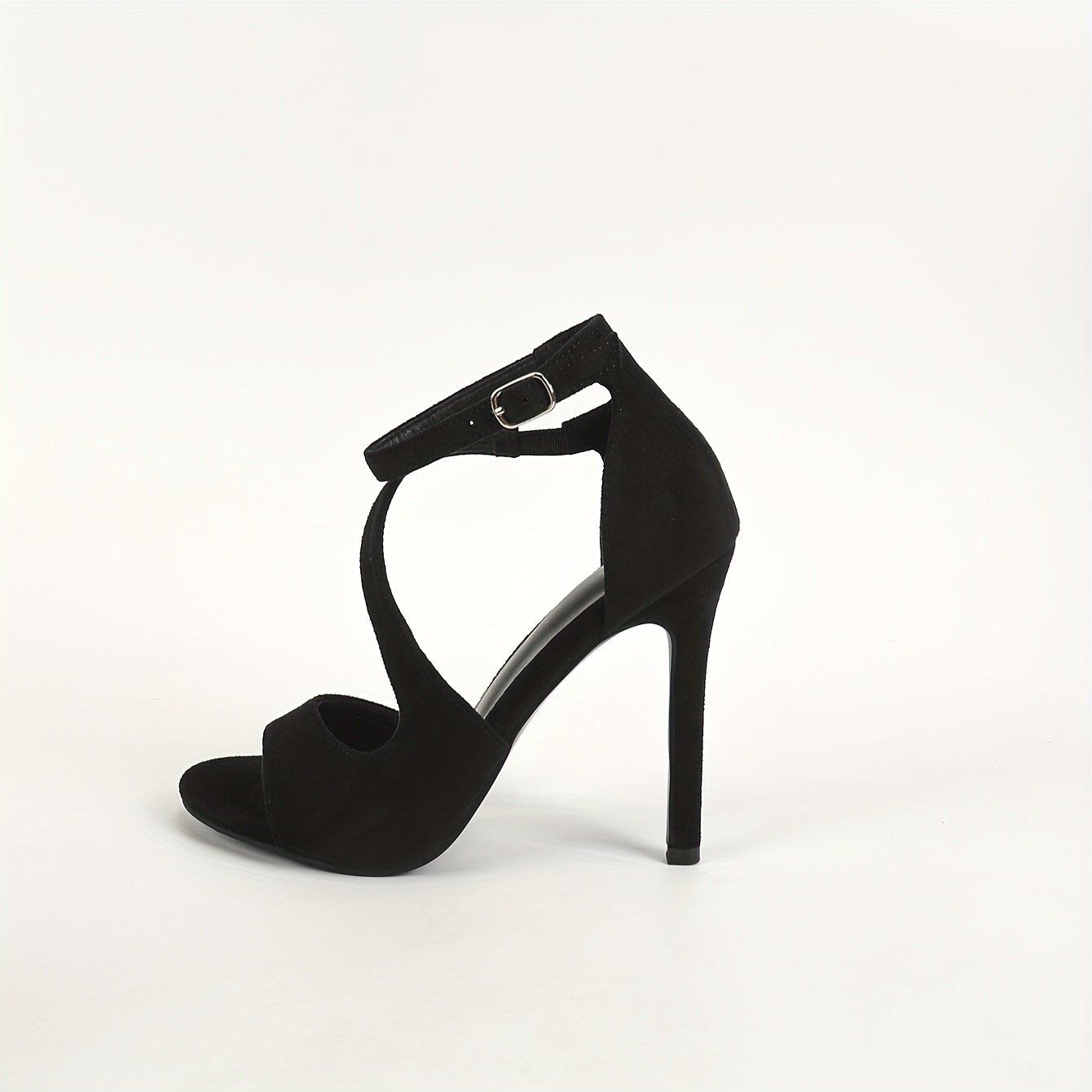 Ladies Stiletto Heels, Solid Color, Open Toe, Black, Flannel Upper, Man Made Materials (Polyurethane) Inner and Insole, Rubber Sole, Ultrahigh Heel, Buckle Closure, for Party, Wedding, Work