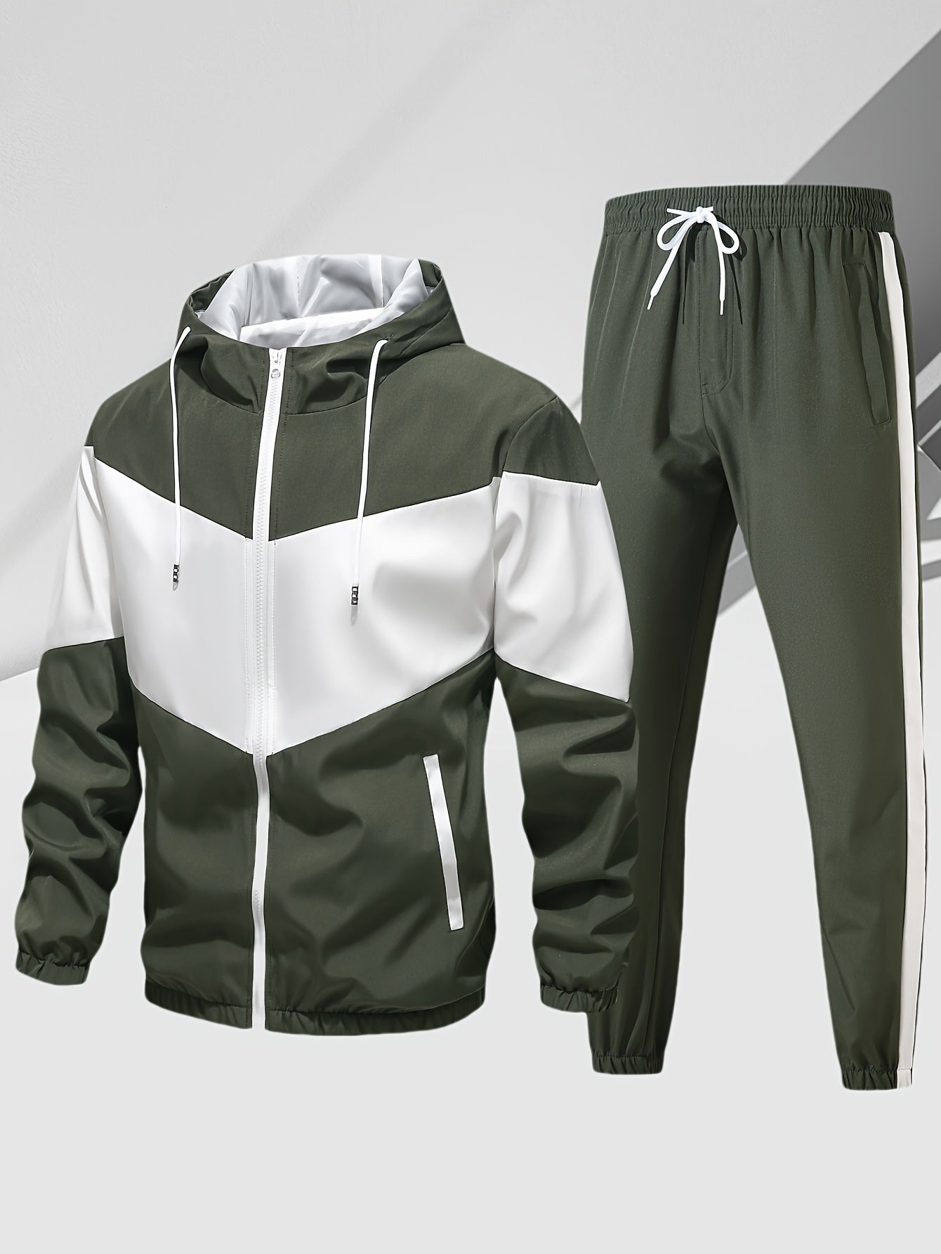 Men's Casual 2-Piece Outfit, Stylish Color Block Zip Up Hooded Jacket, Breathable Solid Color Drawstring Pants