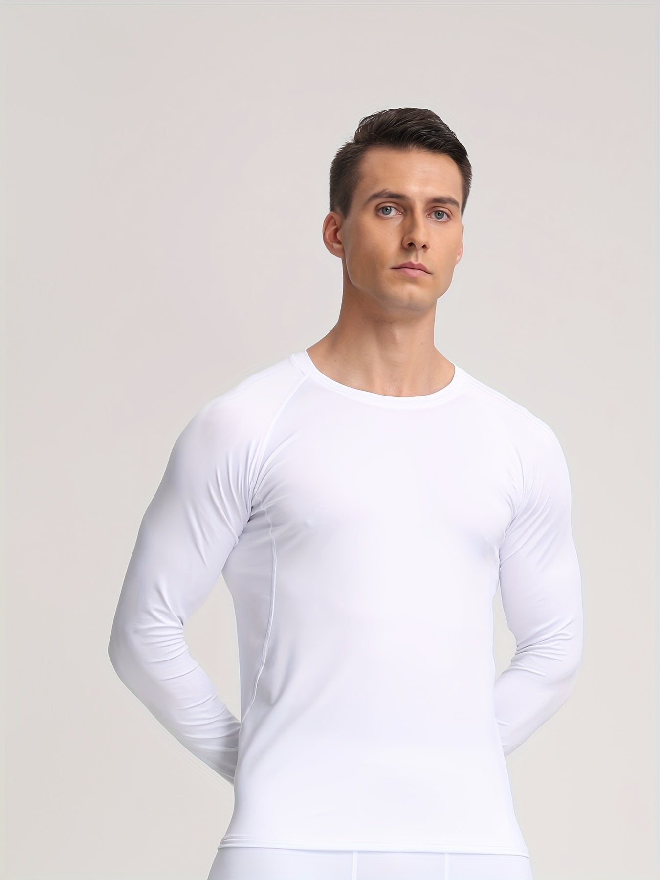 Elite Men's Long Sleeve Athletic Compression Shirt - Quick-Dry, Stretch Fabric, Round Neck, Solid White - Ideal for Gym, Running & Casual Home Wear - Machine Washable, Gym Clothes