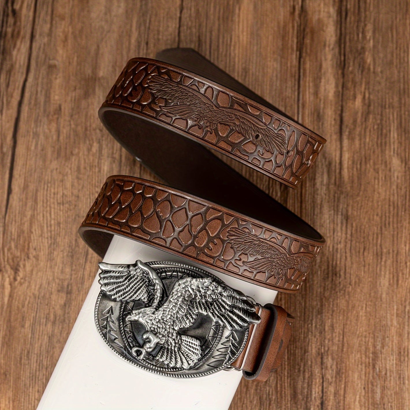Oval Eagle Large Buckle Belt, Embossed PU Leather Belt, Men's Belt, Ideal choice for Gifts