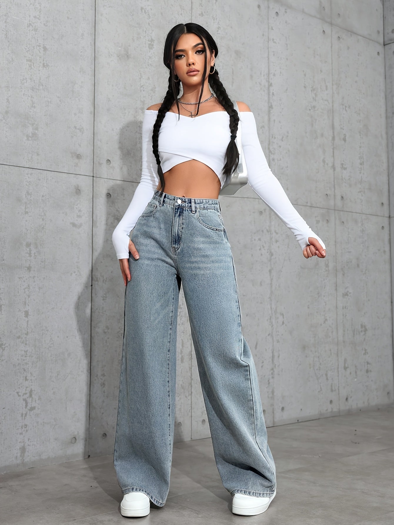 Women's Fashion Wide Leg Jeans, Casual High-Waisted Denim Pants with Pockets, All-Season Solid Color, Comfortable Slimming Design, 54.10% 35.10% Polyester 9.50% Viscose 1.30% Elastane
