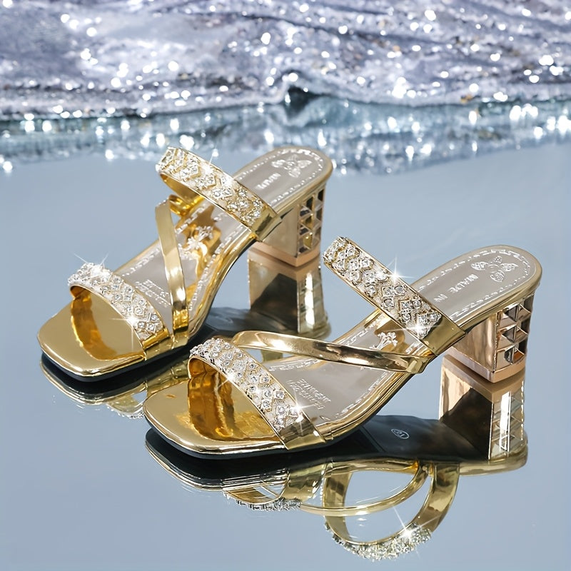 Elegant Women'S Summer Sandals - Sexy Open Toe with Glittering Square Toe, High Heel, and Rubber Sole for Outdoor Wear, Summer Footwear | Chic Sandals | Glossy Finish, Strappy Sandals
