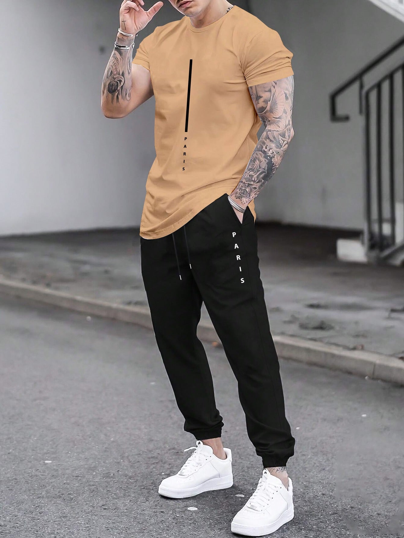 1set Men'S Casual Sportswear Set, Geometric Pattern Short Sleeve T-Shirt and Drawstring Joggers, Knitted Polyester and Elastane Blend, Round Neck, Regular Fit, Four Seasons Outfit