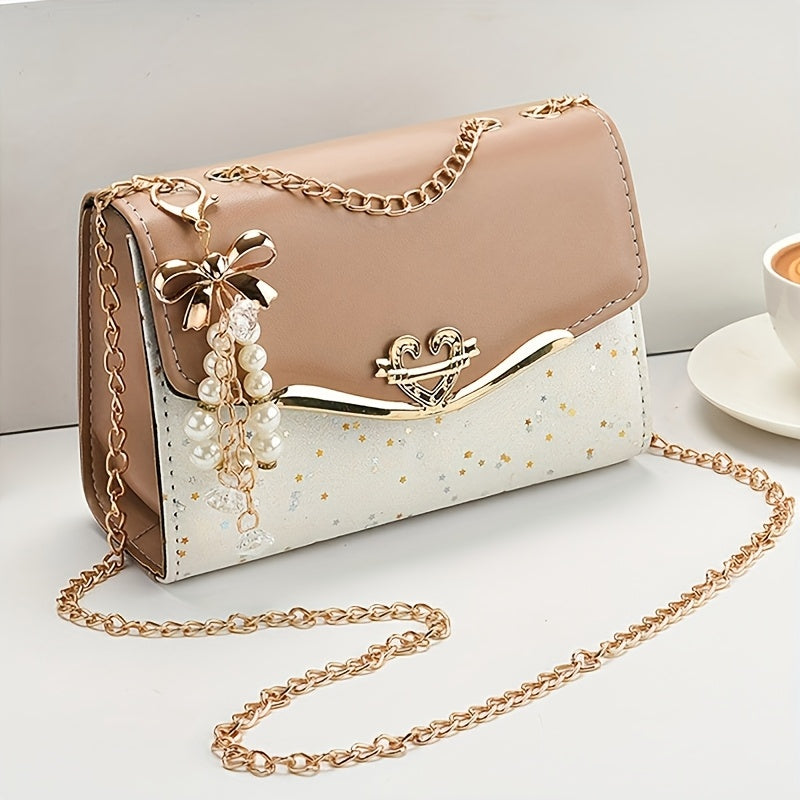 Fashionable Bohemian Beige PU Crossbody Bag with Tassel Charm - Urban Style Flap Shoulder Bag with Metal Chain Strap, Lightweight and Portable for Shopping, Office, College, Travel - Ideal Gift for Women, Occasion Theme, Vale