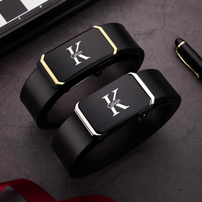 K-Letter Calvin Men'S Automatic Buckle Belt - Adjustable Faux Leather with Golden-Tone Metal Accents, Durable Casual & Formal Accessory for Jeans, Dresses - Ideal Christmas Gift, Belt for Dress, Dress Belt, Modern Belt, Quali