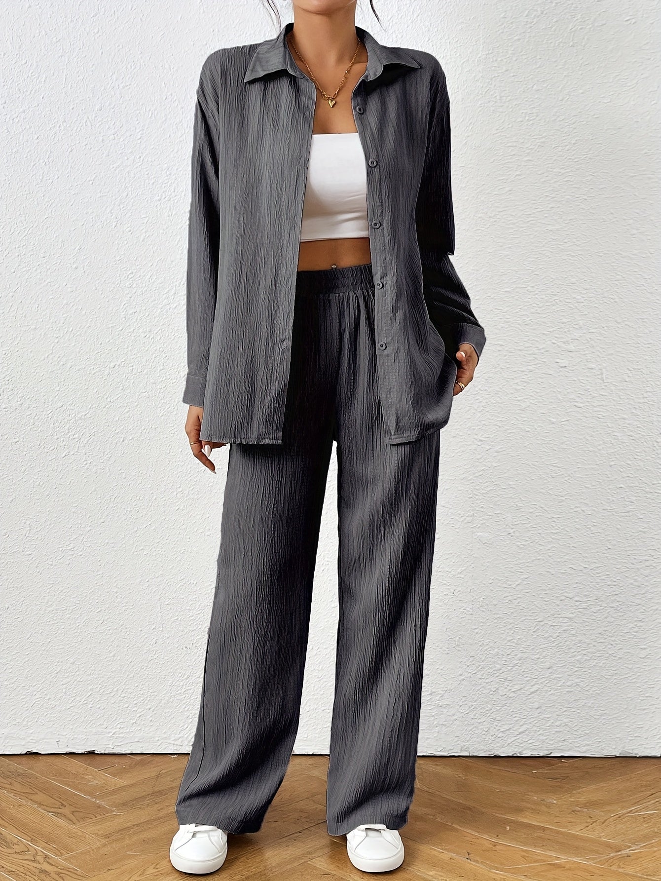2pcs Women Spring & Autumn Casual Solid Color Long Sleeve Shirt And Pants Set