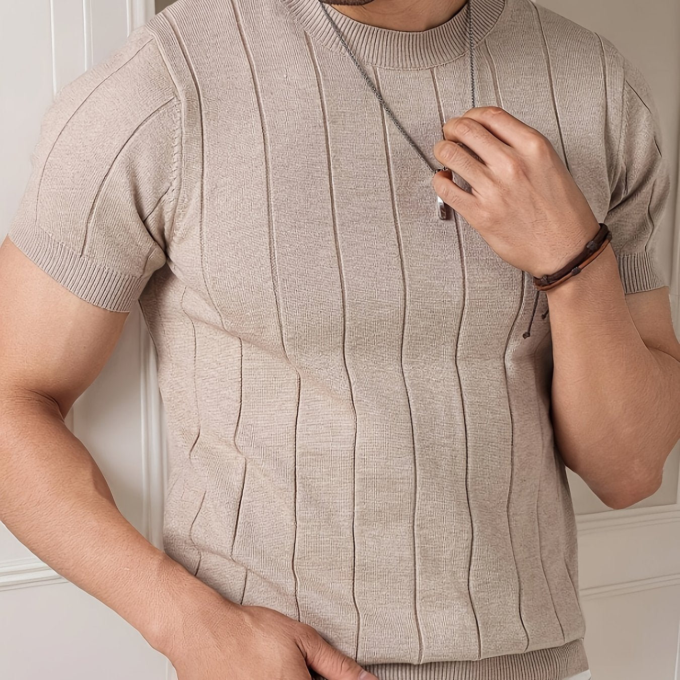 Men's Slim Fit Striped Textured Knit Crew Neck T-Shirt - High Elasticity Short Sleeve Casual Top for Spring/Autumn, Breathable Daily Leisurewear, Spring Fashion, Classic Style, Durable Construction, Pullover Shirt, Stylish Me