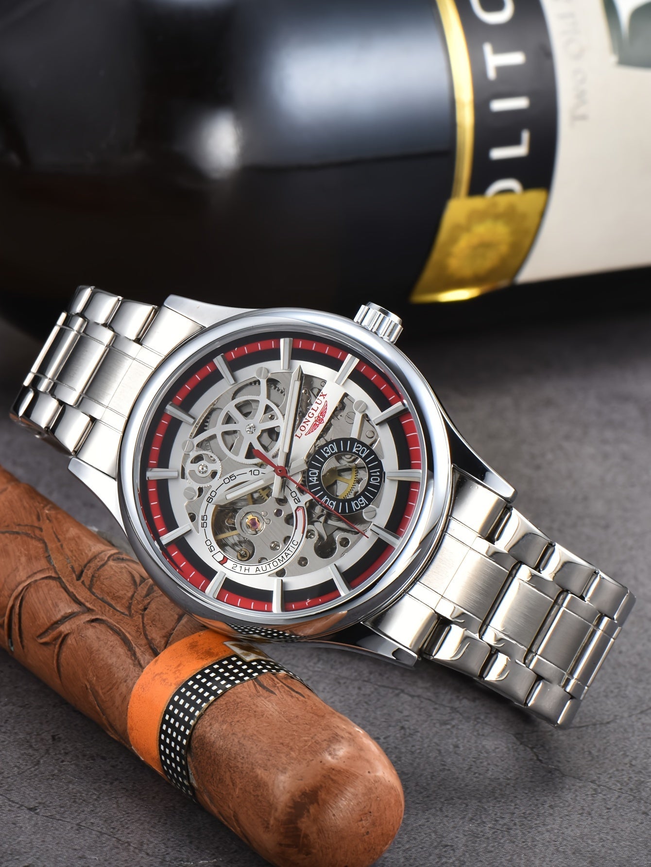 Men's Business Leisure Automatic Mechanical Watch, Stainless Steel with Blue Accents, Transparent Back, Date Display, Water-Resistant up to 10m, Ideal Gift, Business Watch | Mechanical Aesthetic | Stainless Steel Band
