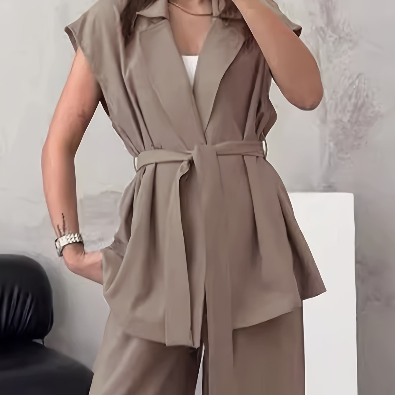 Women's Solid Color Casual Elegant Sleeveless Top and Wide-Leg Pants 2pcs Set