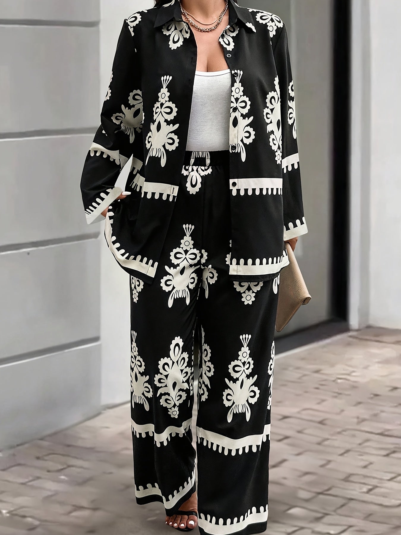 Women'S Elegant Geometric-Patterned Polyester Suit Set, Long Sleeve Top with Lapel Collar and Pants, Regular Sleeve, Woven Placket, Spring/Fall Casual Country Style Outfit