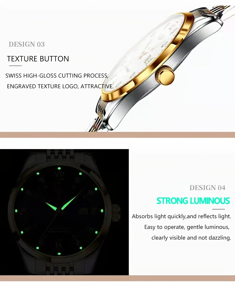 POEDAGAR Elegant Luxury Quartz Watch for Women - Waterproof, Luminous Calendar, Ultra-Thin Movement, Stainless Steel Band, Round Alloy Case, Ideal for Parties and Holidays