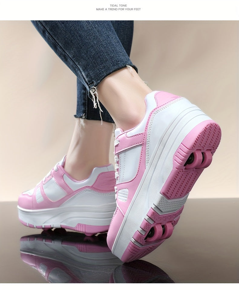 Boys' Fashion Roller Skate Footwear - Non-Slip Dual Wheel, Lace-Up with Durable Buckle Straps, Black & White, Suitable for All Seasons