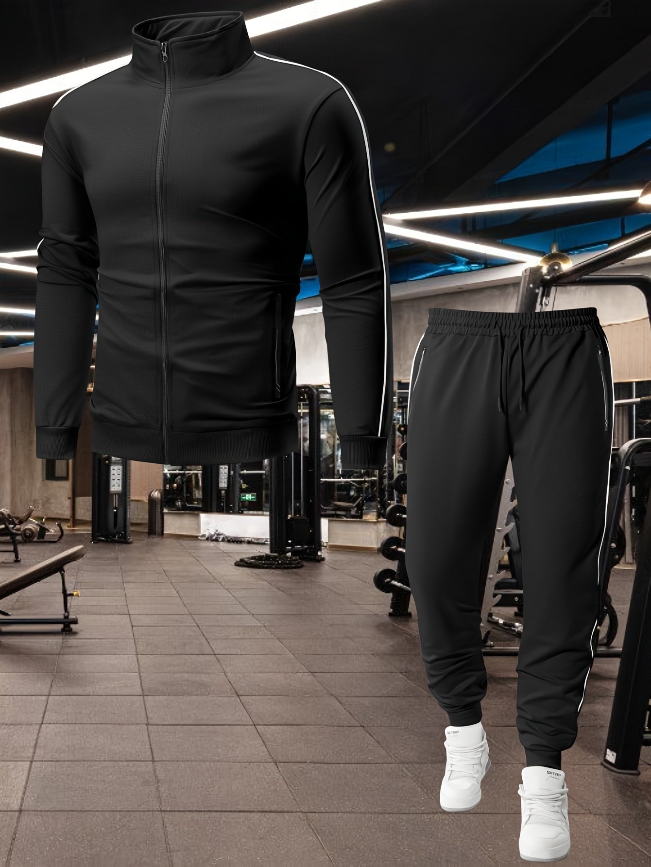 Men's Casual Sportswear Set: Spring/Autumn Stand Collar Jacket, Drawstring Elastic Waist Pants Two-Piece Set with Fashion Print, Men's Top and Bottom Outfit for Running Loungewear, Zipper Pocket Design