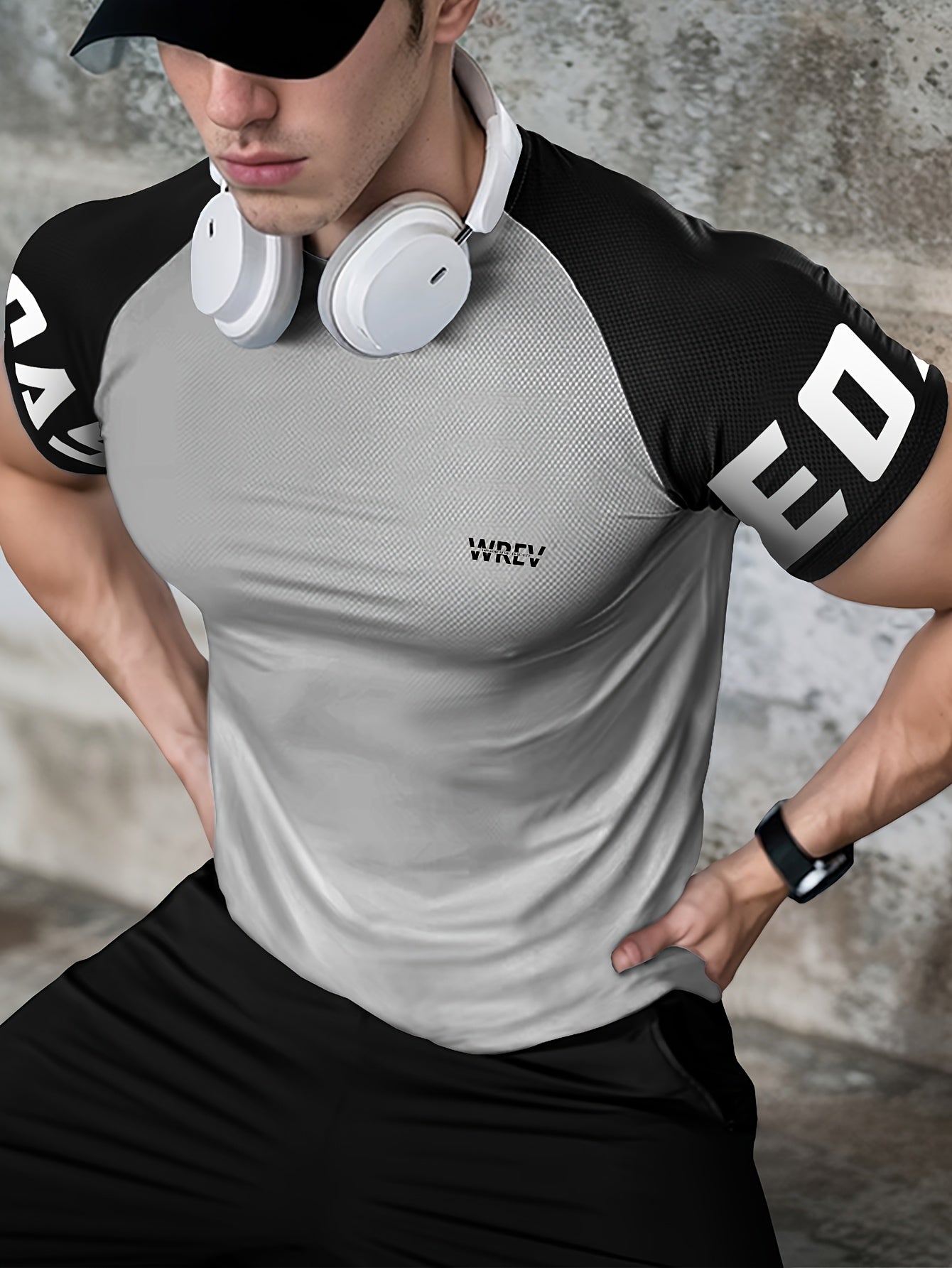 Men's Quick-Dry Breathable Mesh Sports T-Shirt - Summer Gym Workout Top with Contrast Black & White Sleeves & for Man Letter Print, Slim Fit for Running Training Casual Wear, Breathable Running Gear | Sporty Casual Tee | Mesh