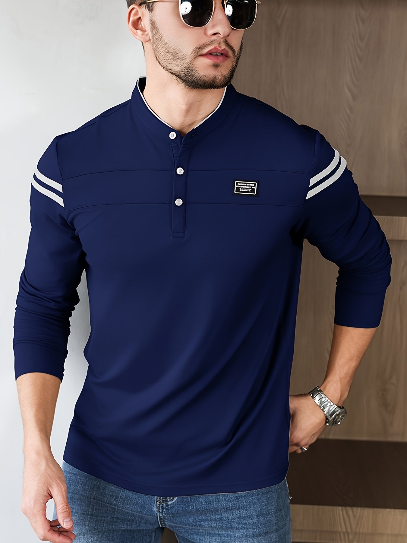 Men'S Casual Long Sleeve T-Shirt - Solid Color with Stand Collar & Stripe Polo, Button-Up Front, Ideal for Outdoor Activities
