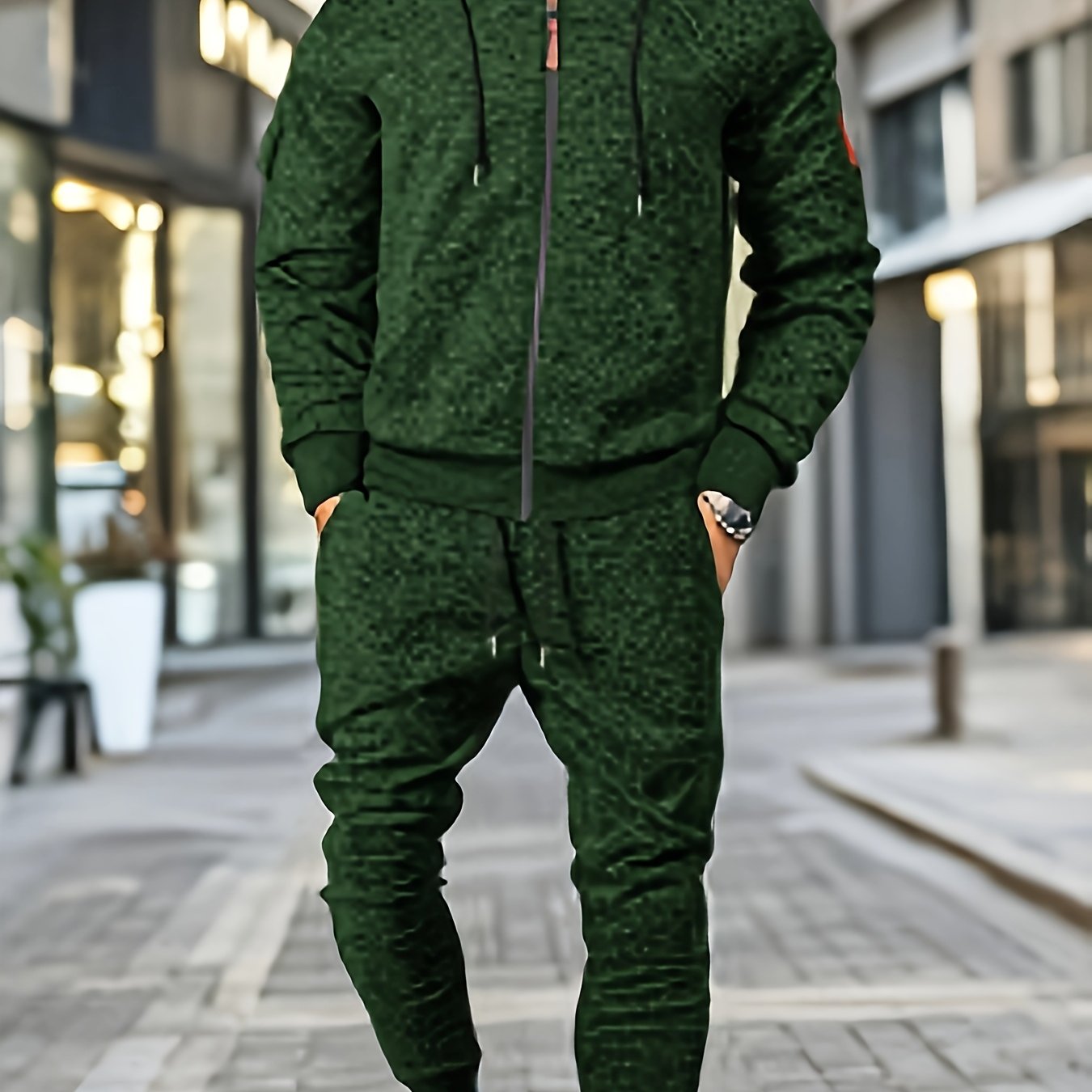Men's Casual Sports Hoodie and Pants Set with Zipper, Drawstring, Fleece-Lined - Polyester Blend, Machine Washable
