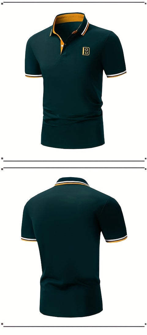 Men's Trendy Simple Letter Print Color Block Short Sleeve Button Up Lapel Shirt For Summer Daily, Golf Shirt