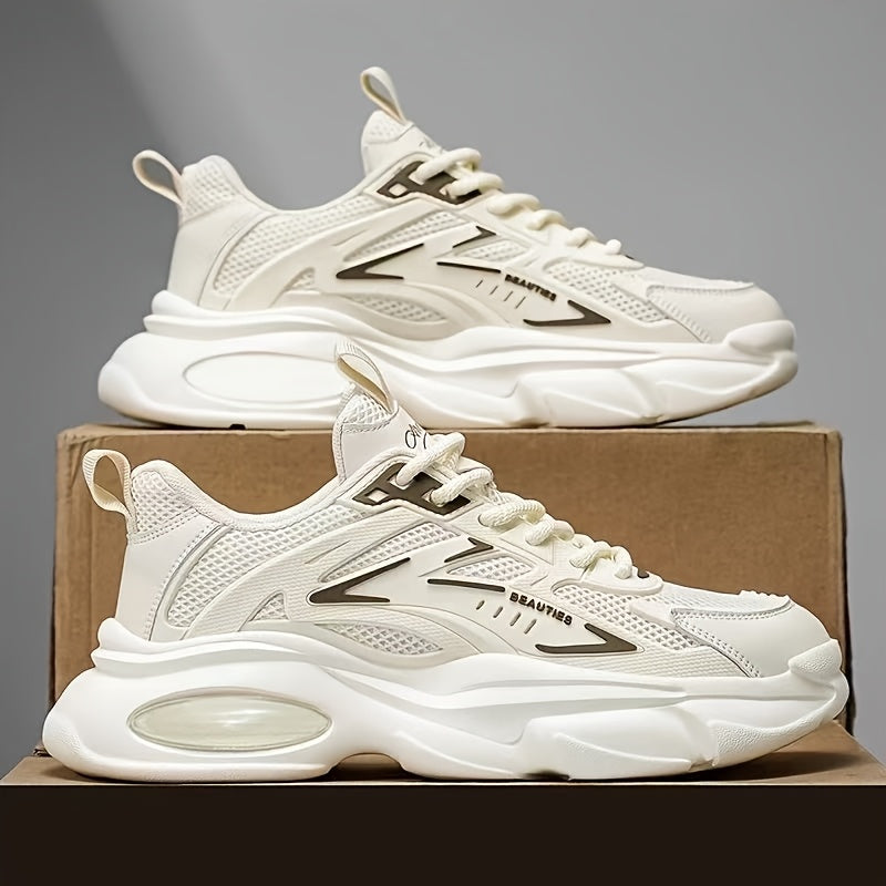 Men'S Breathable Mesh & Faux Low-Top Sneakers - Lightweight Cushioned Air Cushioning, White & Golden Accents, Lace-Up Casual Shoes for Running, Hiking, Gym & Casual Attire, Gym Shoes, Modern Sneakers, Fabric Lined Interior