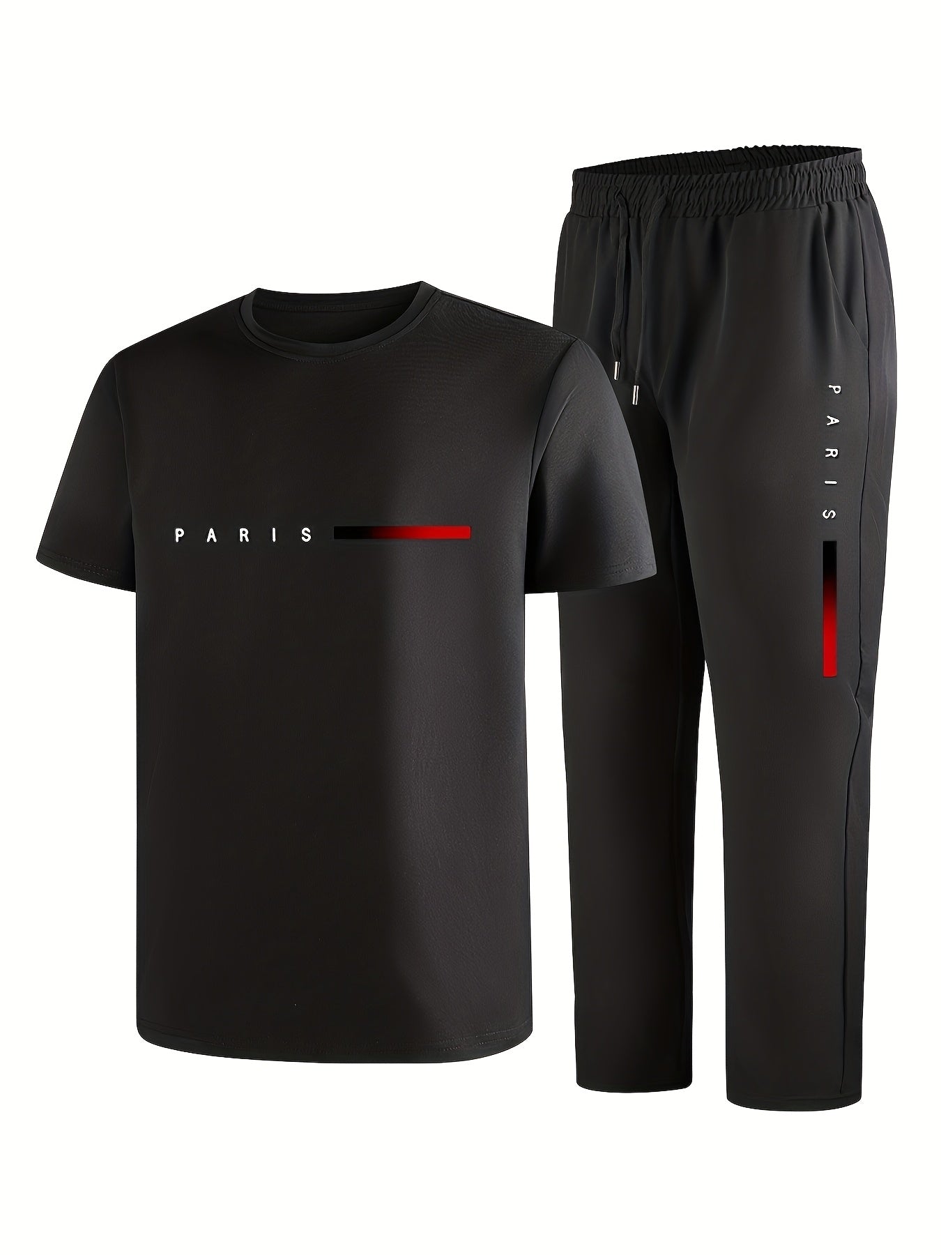 Men'S Casual Sports Two-Piece Set Short Sleeve Top Straight Leg Pants with Paris Print, Fashionable And Trendy, Ideal for Summer, Parties, Casual Outings, And Everyday Wear, Everyday Wear|Short Sleeve Top|Print Trousers