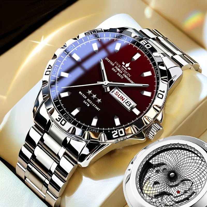 FOURRON Stainless Steel Quartz Watch with Black Dial, Date Display, Waterproof, Lightweight, Casual Style, Everyday Watch | Minimalist Watch | Stainless Steel Band