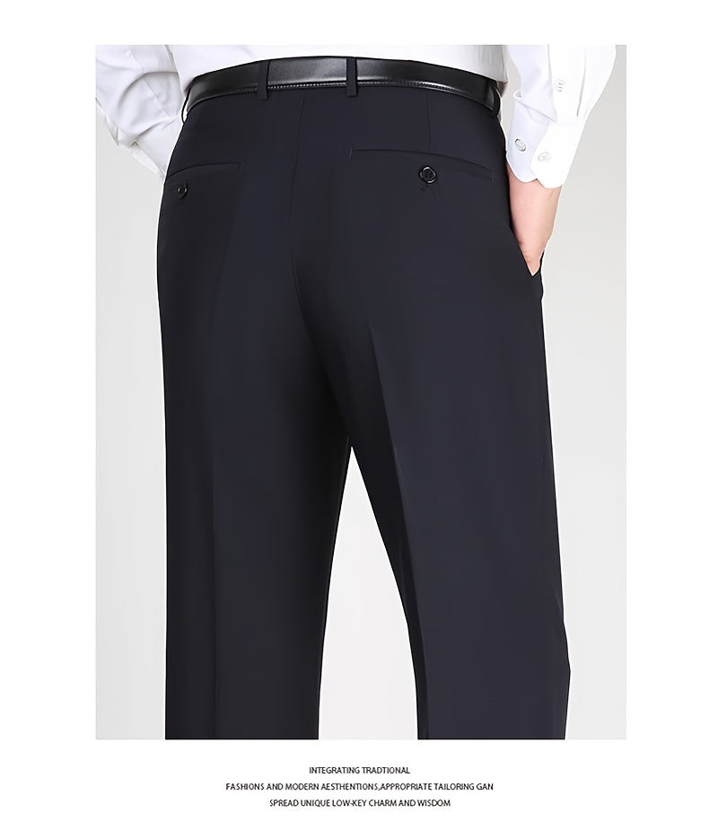 Men's Classic Straight Fit Pants - Lightweight Polyester Blend, High Waist, Button Closure, Suitable for Year-Round Wear