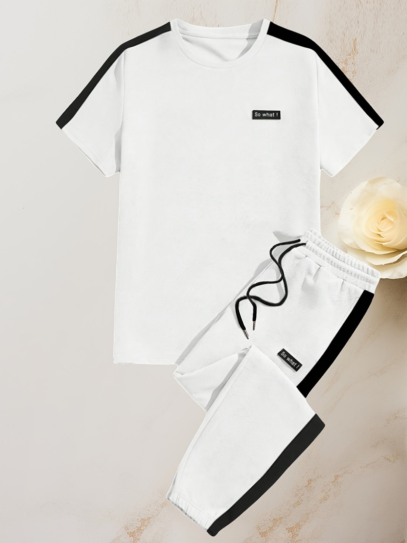 Men's Summer Sports Casual Set with Round Neck T-Shirt and Drawstring Pants Fashion Patchwork Breathable Quick-Dry Top and Bottoms Outfit