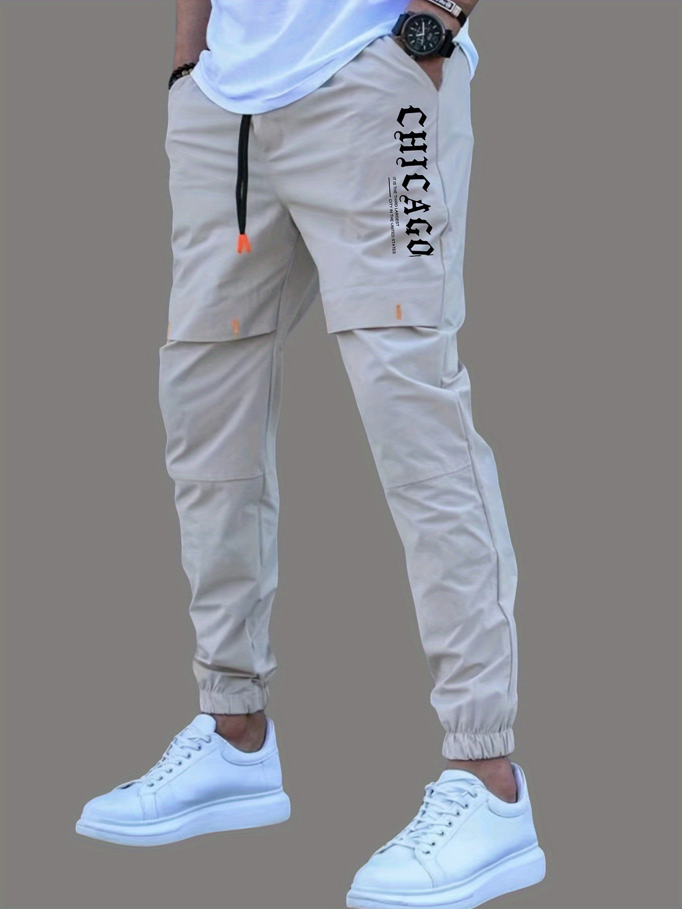 Men'S Casual Drawstring Joggers, 100% Polyester Non-Stretch Woven Fabric, All-Season Regular Fit Trousers with Alphabet Print Detail, Fashionable Workwear Style