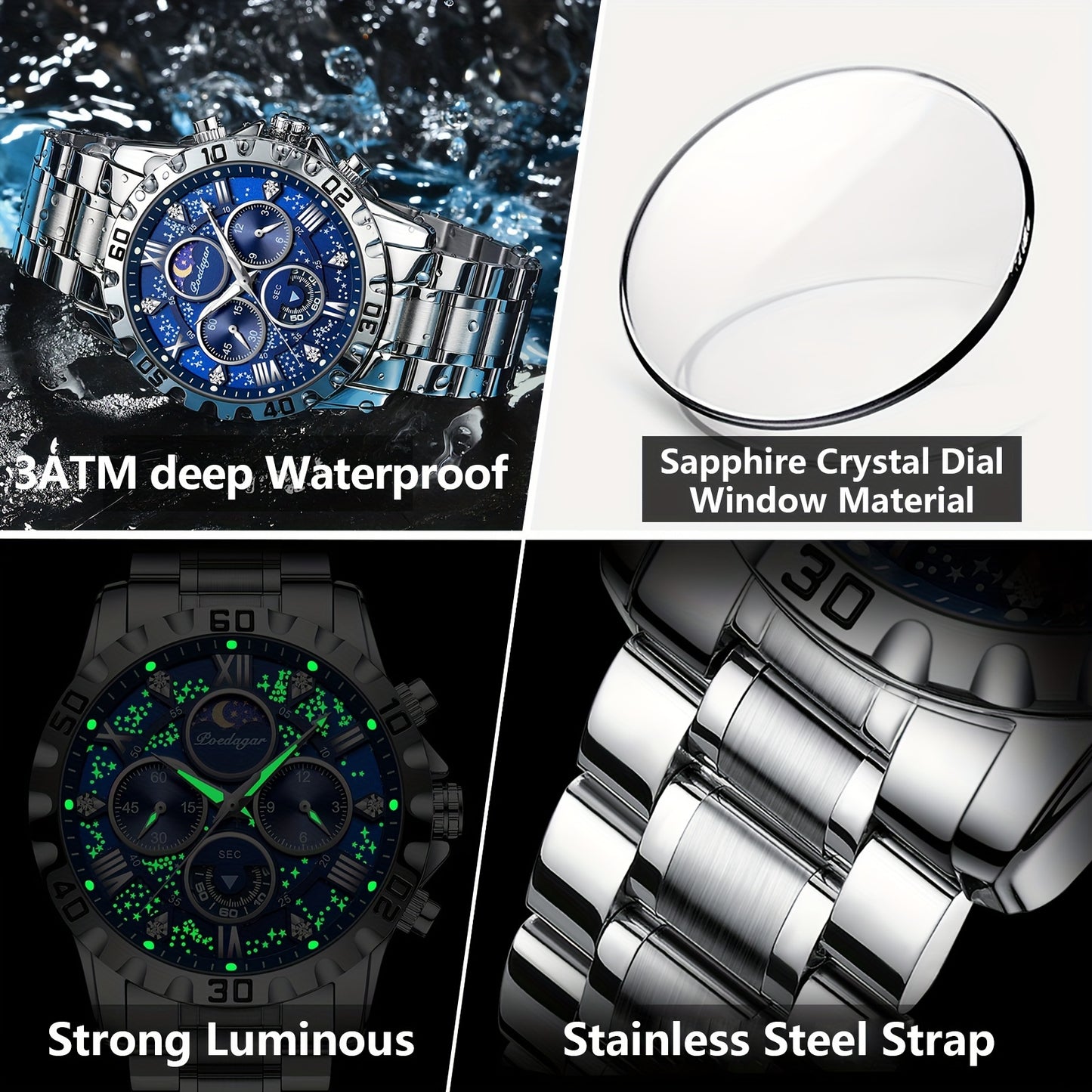 POEDAGAR Men'S Luxury Stainless Steel Quartz Watch with Moon Phase and Calendar - Waterproof, Night-Glow Hands, and Detailed Dial for Business and Formal Attire, Formal Watch | Detailed Watch Face | Quartz Movement