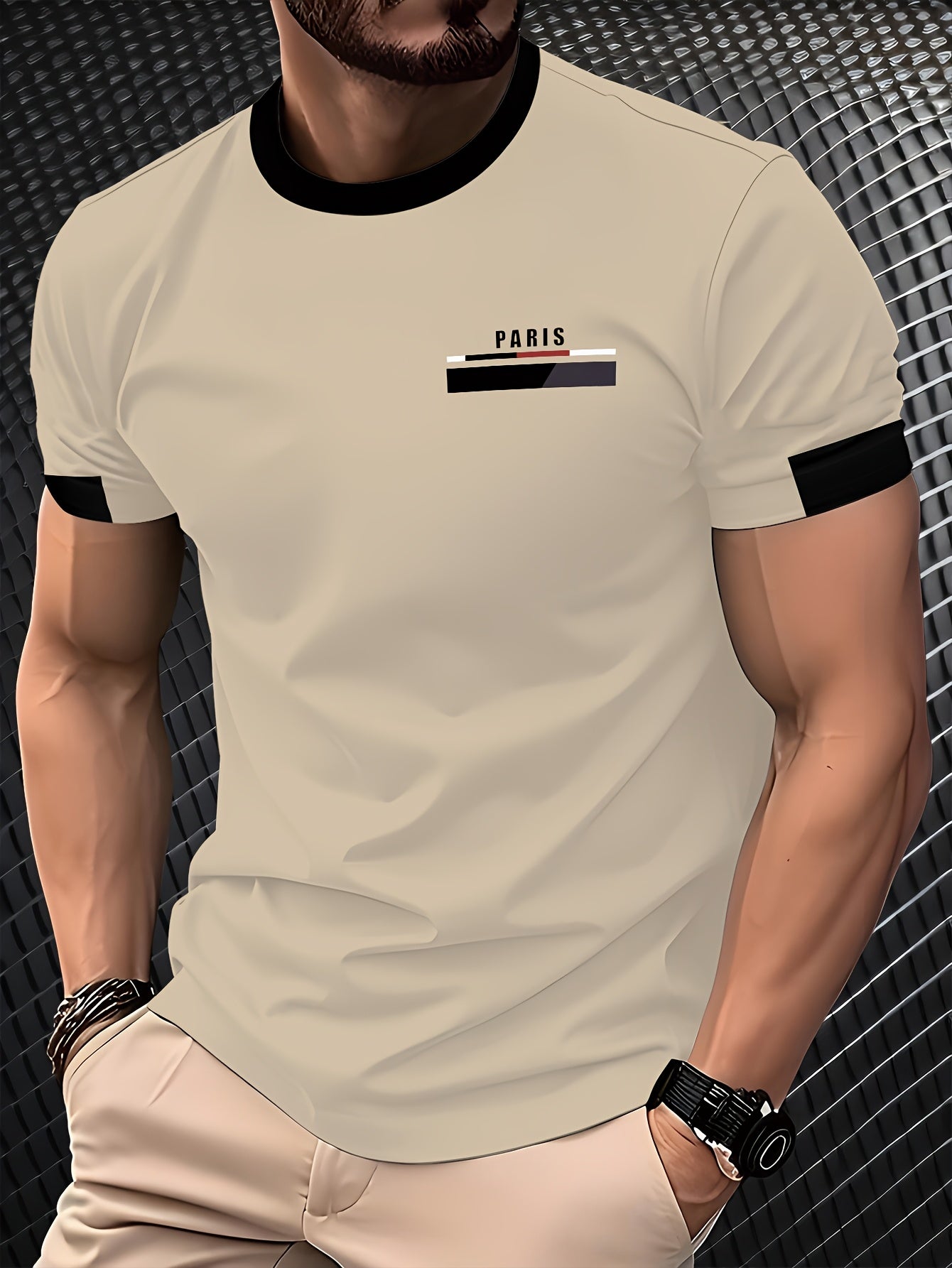 Men'S Paris Graphic T-Shirt - Green Polyester Crew Neck Tee with White Stripes & Print - Casual Sporty Knit Top for Casual Attire, Breathable Fabric
