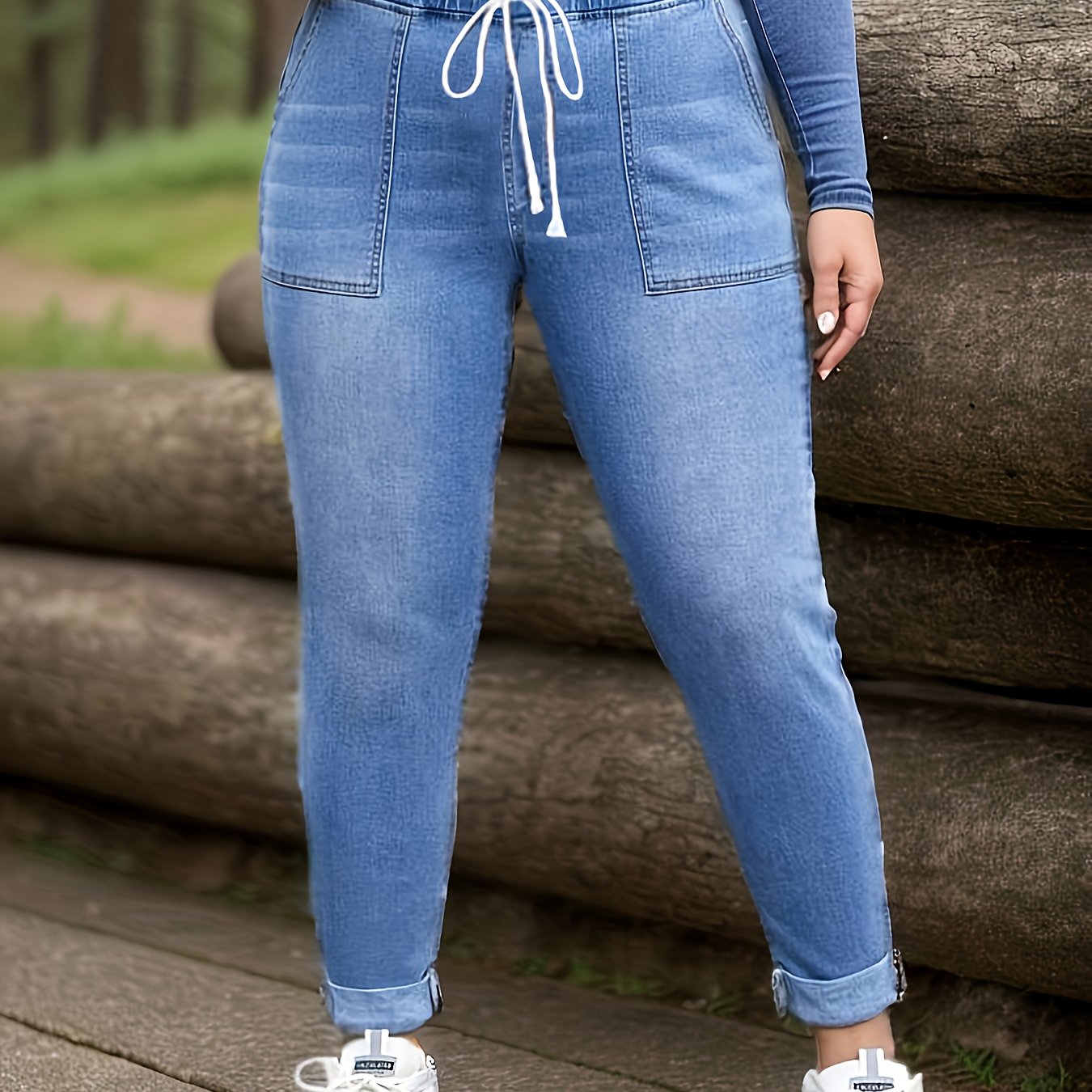 Plus Size Casual Jeans, Women's Plus Washed Elastic Drawstring High Rise High Stretch Jeans
