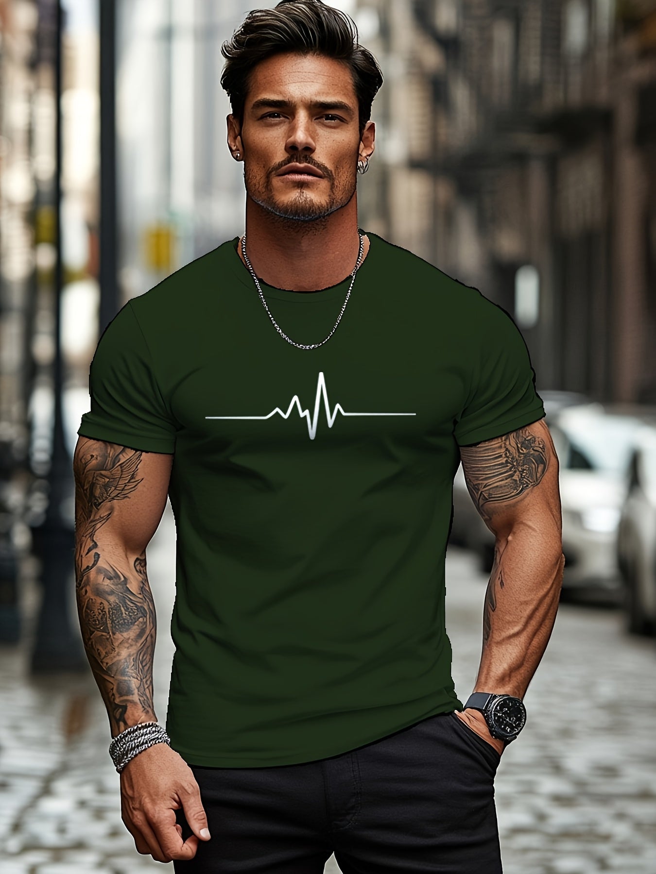 Men'S Brown T-Shirt with ECG Heartbeat Graphic - Casual Streetwear, Short Sleeve, Round Neck, Stretch Fabric, All-Season Comfort, Casual Streetwear Tee | Round Neck Tshirt | Comfortable Fit
