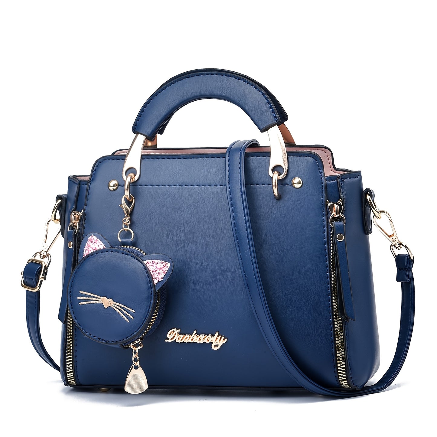 Women'S Fashion Cat Head Handbag, 2025 Trendy Shoulder Bag with Zipper Closure, Polyester Lined, Painted Edges, Versatile Solid Color - White, Red, Black, Pink, Khaki, Grey, Blue, Green, Purple, Light Blue