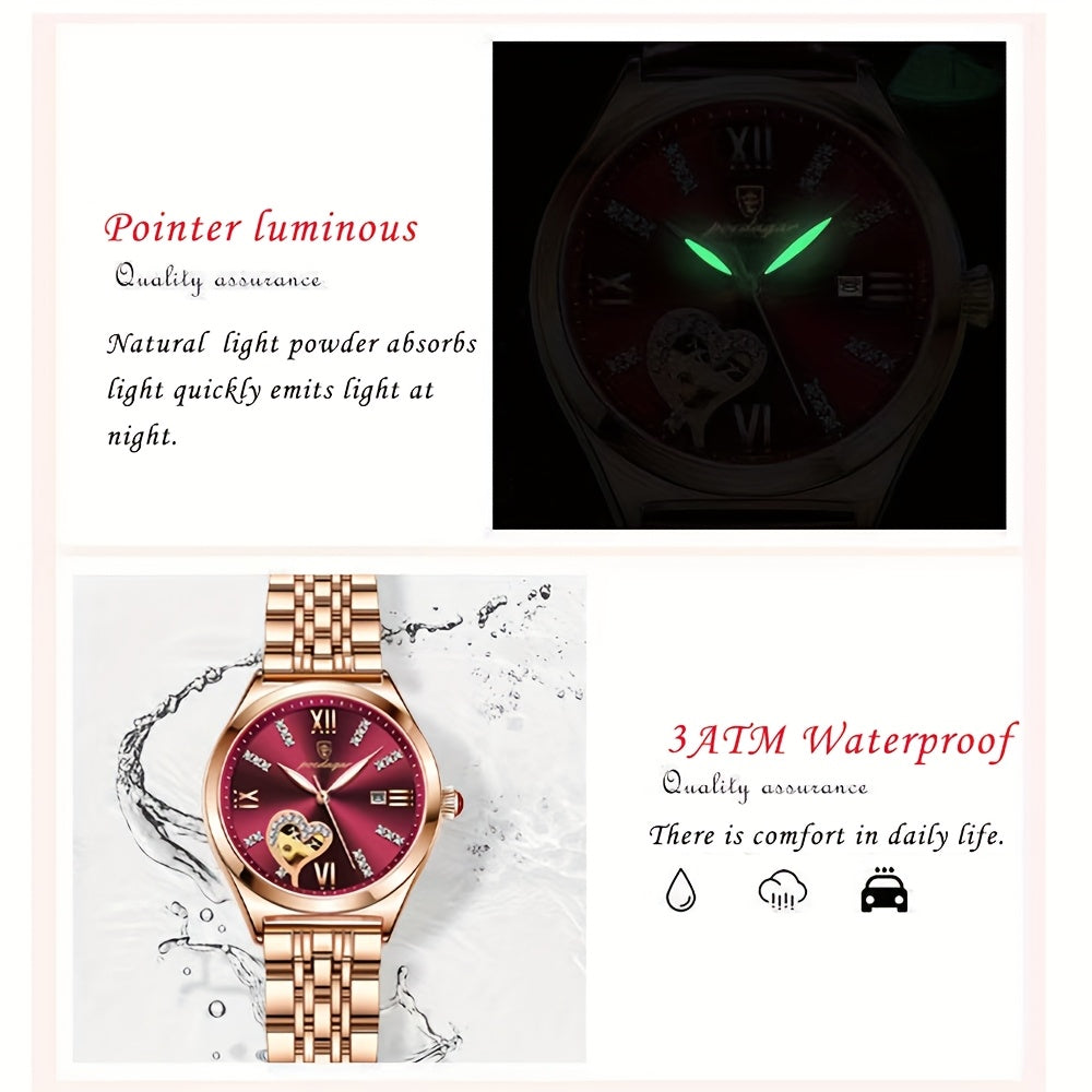 POEDAGAR Elegant Women's Quartz Watch - Rose Golden-Tone Stainless Steel, Luminous Hands & Calendar,, Date Display with Heart Detail