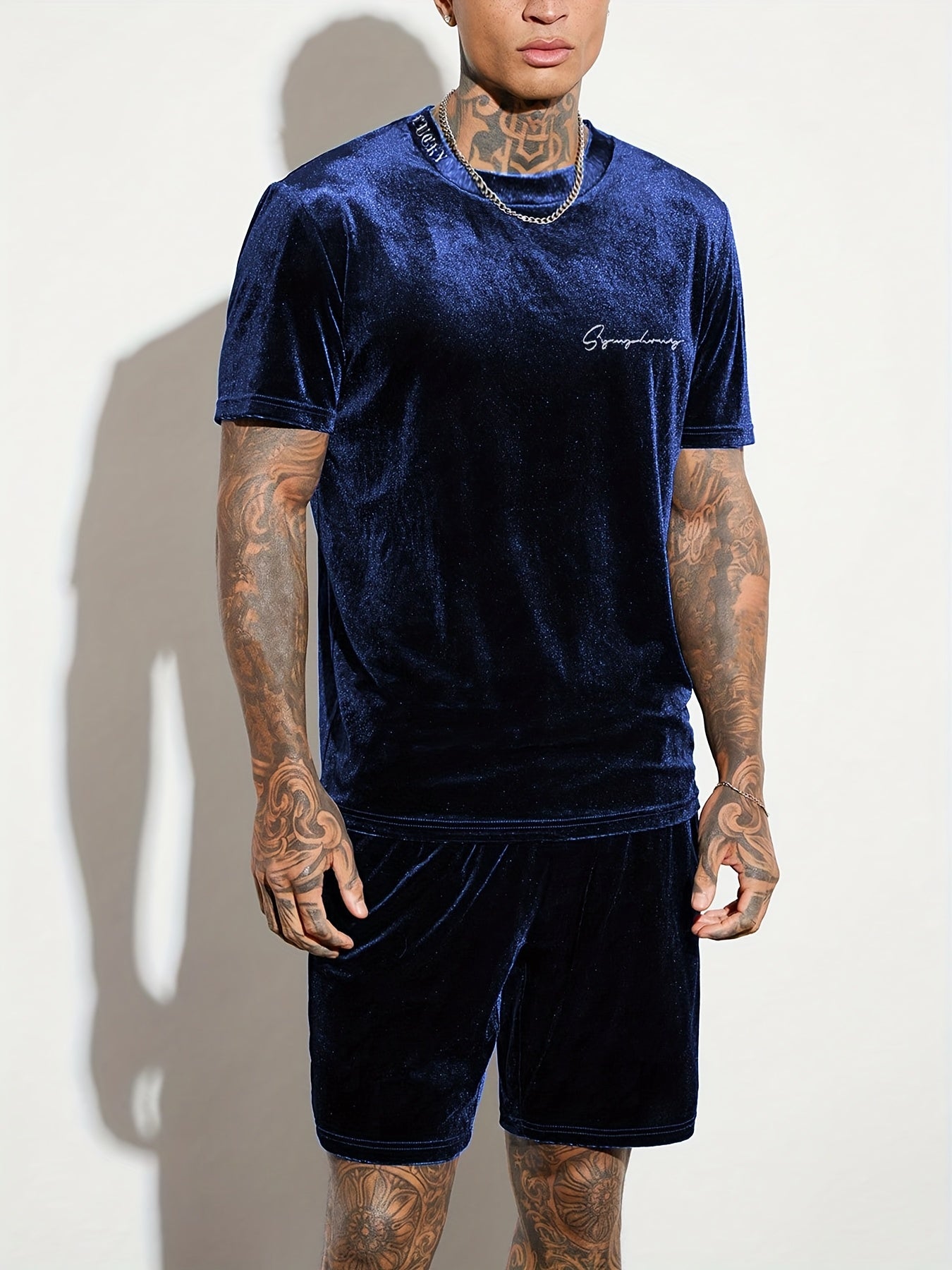 Men'S Fashion Velvet Knit Pullover Set, Contrast Letter Embroidery Top and Solid Color Drawstring Shorts, Simple Casual Outing Commuting Vacation Light Luxury Set, Regular Fit Elastic Knit Two-Piece Set, High-end Sheen Light