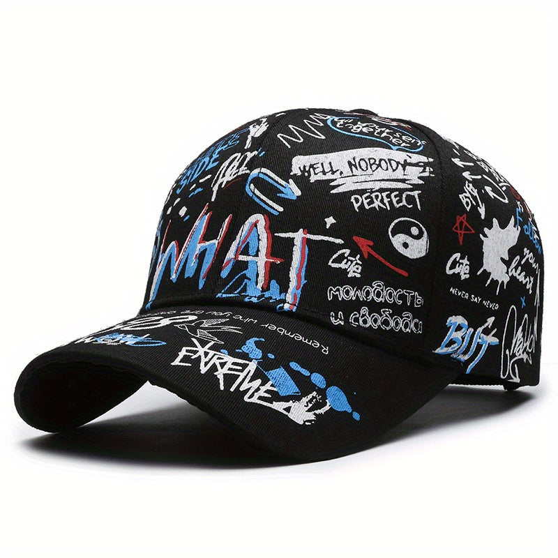 Stylish baseball cap with cool graffiti letter print, hard top, trendy hip-hop design, versatile sun protection hat for both European and American styles, available in 4 colors
