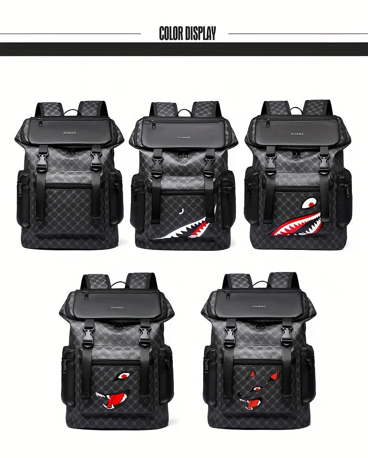 Men'S Stylish Black Backpack with Shark Graphic - Lightweight, Large Capacity, Multi-Functional Shoulder Bag for Travel, Commuting, School - Durable PVC Material, Sports & Fitness Design, Backpack for Travel